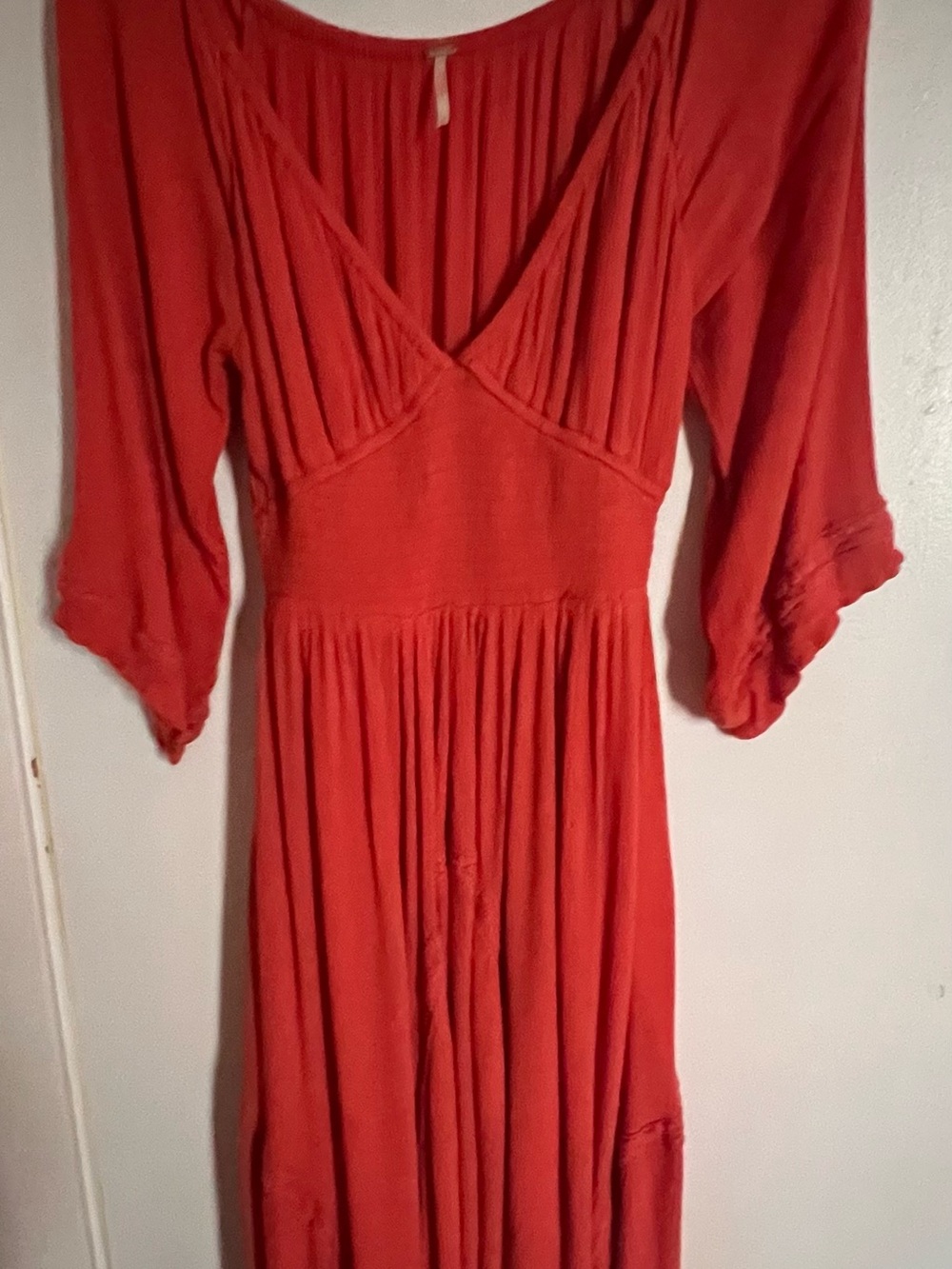 Free People Coral Red V‑Neck Long Sleeve Maxi Dress